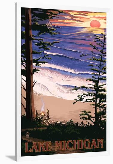 Lake Michigan - Sunset on Beach-Lantern Press-Framed Art Print