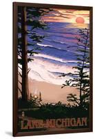 Lake Michigan - Sunset on Beach-Lantern Press-Framed Art Print