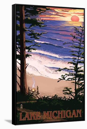 Lake Michigan - Sunset on Beach-Lantern Press-Framed Stretched Canvas