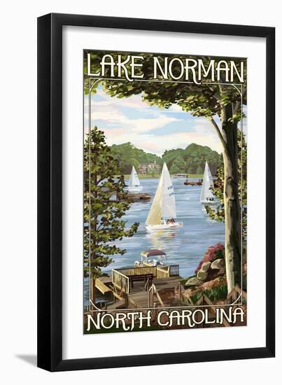 Lake Norman, North Carolina - Lake View with Sailboats-Lantern Press-Framed Art Print