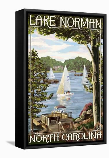 Lake Norman, North Carolina - Lake View with Sailboats-Lantern Press-Framed Stretched Canvas
