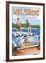 Lake Norman, North Carolina - Water Skiing-Lantern Press-Framed Art Print