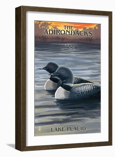 Lake Placid - Adirondacks, New York - Loon Scene-Lantern Press-Framed Art Print