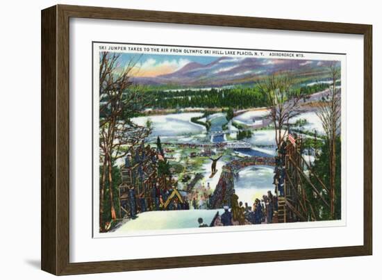 Lake Placid, New York - Ski Jumper Takes off from the Olympic Ski Hill-Lantern Press-Framed Art Print