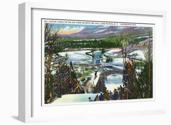 Lake Placid, New York - Ski Jumper Takes off from the Olympic Ski Hill-Lantern Press-Framed Art Print