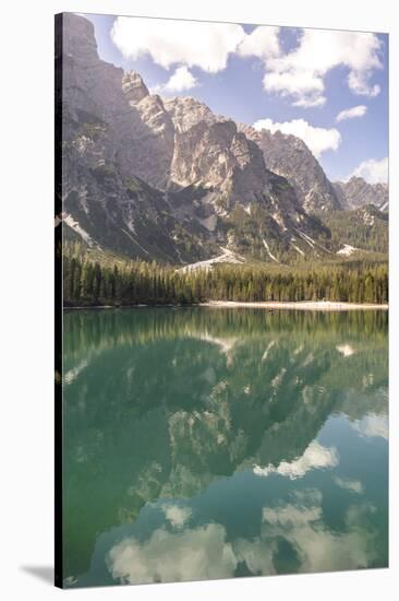Lake Prags, Prags Dolomites, South Tyrol, Italy: The Mountains And Trees Reflecting On The Lake-Axel Brunst-Stretched Canvas