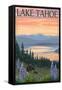 Lake Tahoe - Bear Family and Spring Flowers-Lantern Press-Framed Stretched Canvas