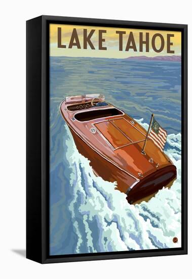 Lake Tahoe, California - Wooden Boat-Lantern Press-Framed Stretched Canvas