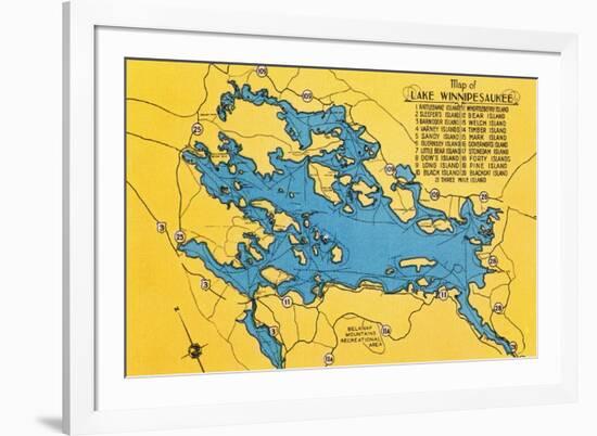 Lake Winnipesaukee, Maine - Roadmap of the Lake and Highways-Lantern Press-Framed Premium Giclee Print