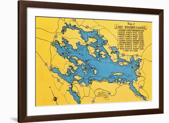 Lake Winnipesaukee, Maine - Roadmap of the Lake and Highways-Lantern Press-Framed Premium Giclee Print