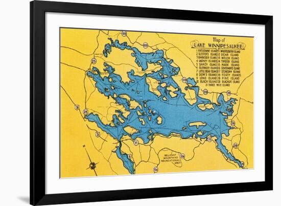 Lake Winnipesaukee, Maine - Roadmap of the Lake and Highways-Lantern Press-Framed Premium Giclee Print