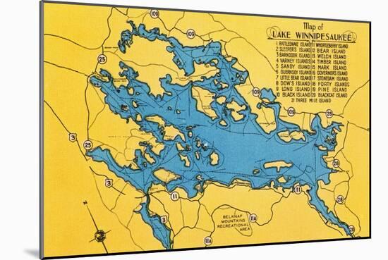 Lake Winnipesaukee, Maine - Roadmap of the Lake and Highways-Lantern Press-Mounted Art Print