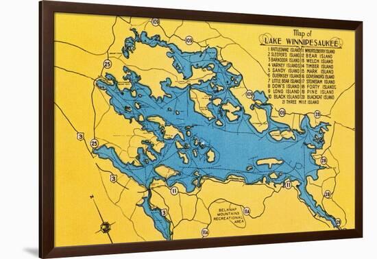 Lake Winnipesaukee, Maine - Roadmap of the Lake and Highways-Lantern Press-Framed Art Print