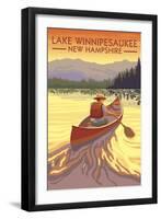 Lake Winnipesaukee, New Hampshire - Canoe Sunset-Lantern Press-Framed Art Print