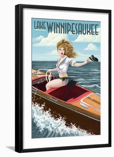 Lake Winnipesaukee, New Hampshire - Pinup Girl Boating-Lantern Press-Framed Art Print