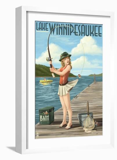 Lake Winnipesaukee, New Hampshire - Pinup Girl Fishing-Lantern Press-Framed Art Print