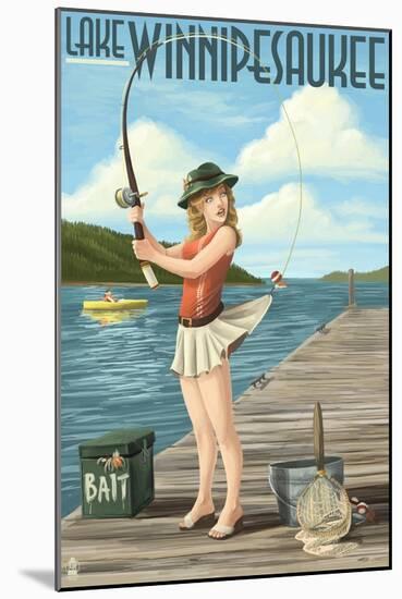 Lake Winnipesaukee, New Hampshire - Pinup Girl Fishing-Lantern Press-Mounted Art Print