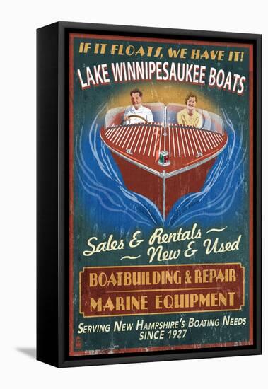 Lake Winnipesaukee, New Hampshire - Vintage Boat Sign-Lantern Press-Framed Stretched Canvas