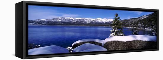 Lake with a Snowcapped Mountain Range in the Background, Sand Harbor, Lake Tahoe, California, USA-null-Framed Stretched Canvas