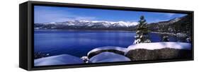 Lake with a Snowcapped Mountain Range in the Background, Sand Harbor, Lake Tahoe, California, USA-null-Framed Stretched Canvas