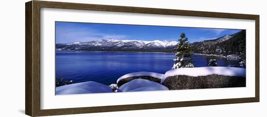 Lake with a Snowcapped Mountain Range in the Background, Sand Harbor, Lake Tahoe, California, USA-null-Framed Photographic Print