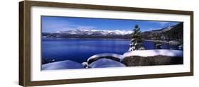 Lake with a Snowcapped Mountain Range in the Background, Sand Harbor, Lake Tahoe, California, USA-null-Framed Photographic Print