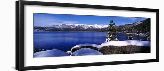 Lake with a Snowcapped Mountain Range in the Background, Sand Harbor, Lake Tahoe, California, USA-null-Framed Photographic Print