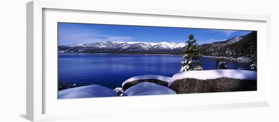 Lake with a Snowcapped Mountain Range in the Background, Sand Harbor, Lake Tahoe, California, USA-null-Framed Photographic Print