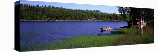 Lake with Cabin and Boat, Near Falun, Dalarna, Sweden-null-Stretched Canvas