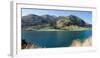 Lake with mountain range in the background, Lake Hawea, Makarora-Lake Hawea Road, State Highway...-null-Framed Photographic Print