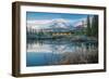 Lake with mountains in background, Beaverlodge, Three Sisters, Canmore, Alberta, Canada-null-Framed Photographic Print