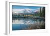 Lake with mountains in background, Beaverlodge, Three Sisters, Canmore, Alberta, Canada-null-Framed Photographic Print