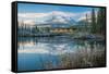 Lake with mountains in background, Beaverlodge, Three Sisters, Canmore, Alberta, Canada-null-Framed Stretched Canvas