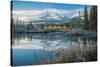 Lake with mountains in background, Beaverlodge, Three Sisters, Canmore, Alberta, Canada-null-Stretched Canvas