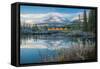 Lake with mountains in background, Beaverlodge, Three Sisters, Canmore, Alberta, Canada-null-Framed Stretched Canvas