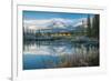 Lake with mountains in background, Beaverlodge, Three Sisters, Canmore, Alberta, Canada-null-Framed Photographic Print