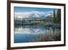 Lake with mountains in background, Beaverlodge, Three Sisters, Canmore, Alberta, Canada-null-Framed Photographic Print