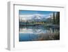 Lake with mountains in background, Beaverlodge, Three Sisters, Canmore, Alberta, Canada-null-Framed Photographic Print