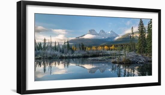 Lake with mountains in background, Beaverlodge, Three Sisters, Canmore, Alberta, Canada-null-Framed Photographic Print