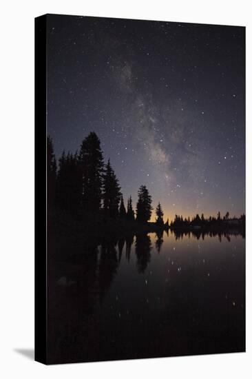 Lake with Reflection of the Milky Way and Silhouetted Trees, Lassen Volcanic Np, California, USA-Mark Taylor-Stretched Canvas