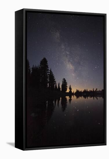 Lake with Reflection of the Milky Way and Silhouetted Trees, Lassen Volcanic Np, California, USA-Mark Taylor-Framed Stretched Canvas