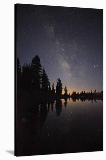 Lake with Reflection of the Milky Way and Silhouetted Trees, Lassen Volcanic Np, California, USA-Mark Taylor-Stretched Canvas