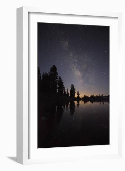 Lake with Reflection of the Milky Way and Silhouetted Trees, Lassen Volcanic Np, California, USA-Mark Taylor-Framed Photographic Print