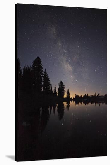 Lake with Reflection of the Milky Way and Silhouetted Trees, Lassen Volcanic Np, California, USA-Mark Taylor-Stretched Canvas