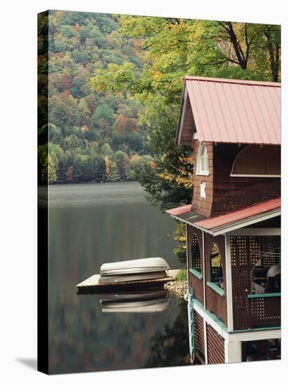 Lakefront House in Autumn, Plymouth Union, Vermont, USA-Walter Bibikow-Stretched Canvas