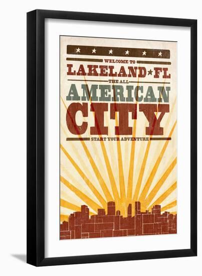 Lakeland, Florida - Skyline and Sunburst Screenprint Style-Lantern Press-Framed Art Print