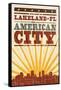 Lakeland, Florida - Skyline and Sunburst Screenprint Style-Lantern Press-Framed Stretched Canvas