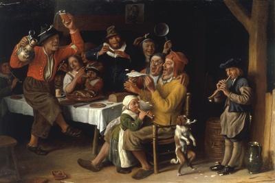 An Interior with Peasants Singing and Dancing Around a Table, 1681