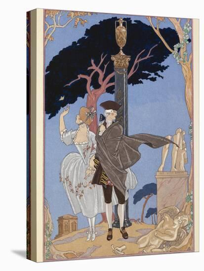 LAmour Par Terre A man and woman out walking among ruins-Georges Barbier-Stretched Canvas