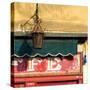 Lamp and Awning Outside Venice Caffe-Mike Burton-Stretched Canvas